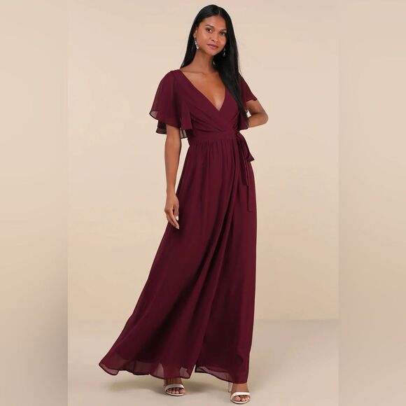 Lulus Convincing Grace Burgundy Flutter Sleeve Wrap Maxi Dress Size Large NEW - Picture 5 of 12